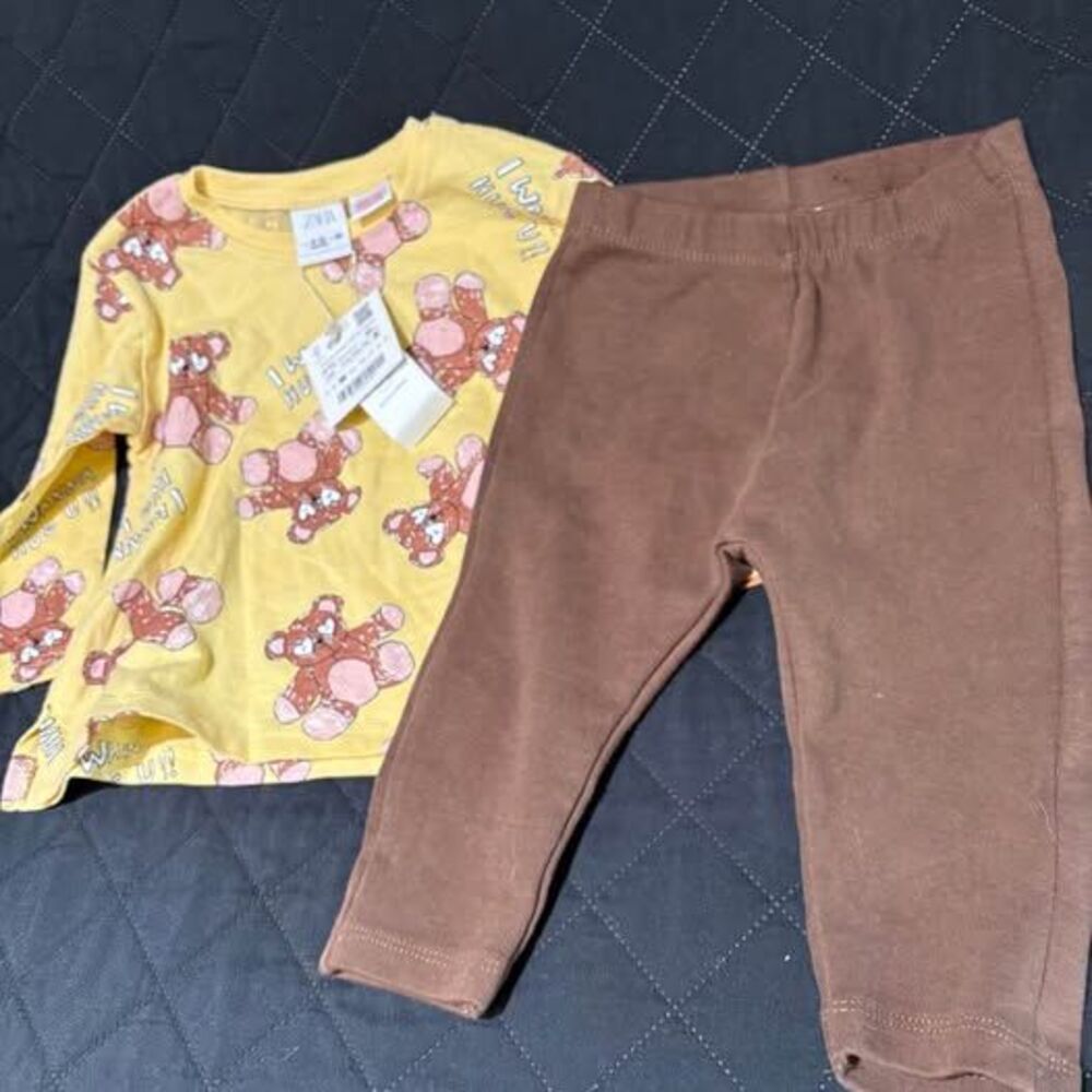 Zara Yellow Bear I wanna hug u Top with Brown Leggings Set 9-12M